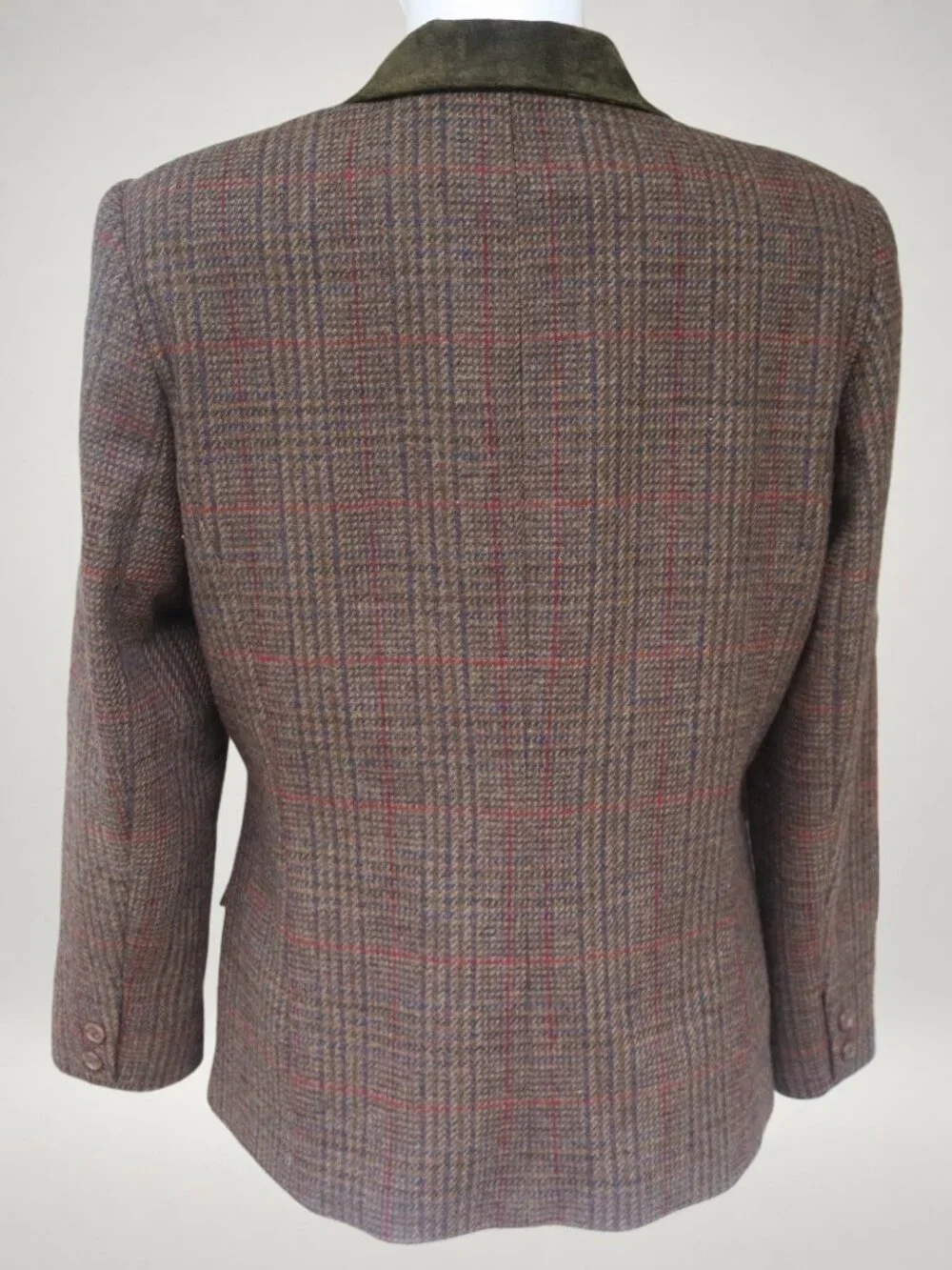 Vintage Wool Plaid Blazer Suede Trim Jacket Women 12 Made in Russia